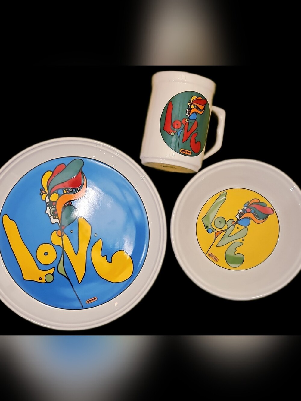 MCM 1968 Peter Max Iroquois China "LOVE" 6PC set 2Plate 2Bowl 2Mug PRISTINE MINT
